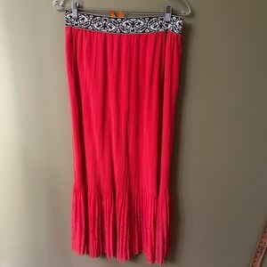 Magic Maxi Skirt Sz M Coral Salmon Pleated Eyelet Lined Embroidered Boho Stretch
